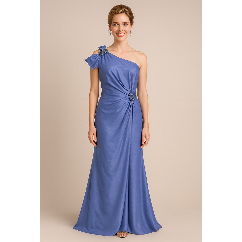 NWT David Meister Blue One Shoulder Jeweled Gown - Size 22